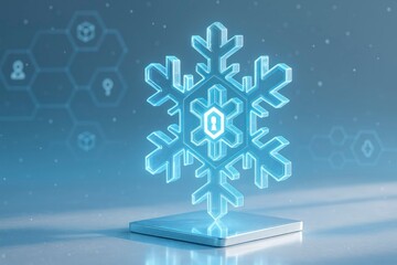 A digital snowflake symbolizing NFT holiday art auctions. The snowflake is translucent with a glowing effect, set against a blue background with abstract patterns.