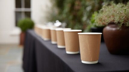 Paper cups in a row evoke minimalist harmony, perfect for Zero Waste Week or Japans equinox-inspired tea gatherings