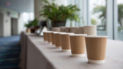 Row of eco-friendly coffee cups anticipates bustling corporate gathering, whispered plans at sustainability symposium, Earth Day reflections