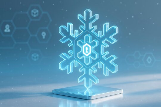 A digital snowflake symbolizing NFT holiday art auctions. The snowflake is translucent with a glowing effect, set against a blue background with abstract patterns. - Powered by Adobe