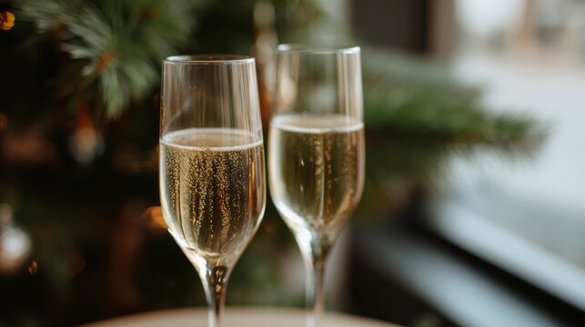 Bubbling effervescence dances in crystal flutes, heralding Yuletide cheer and Bacchanalian festivities under twinkling evergreen mystery