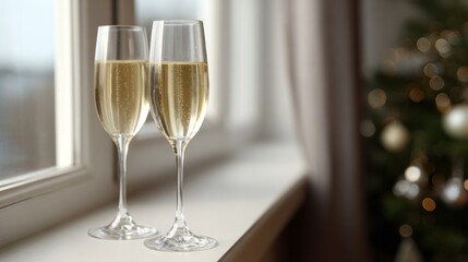 Two effervescent flutes of golden champagne glisten in festive anticipation, capturing Yuletide revelry and Hogmanay celebration spirit