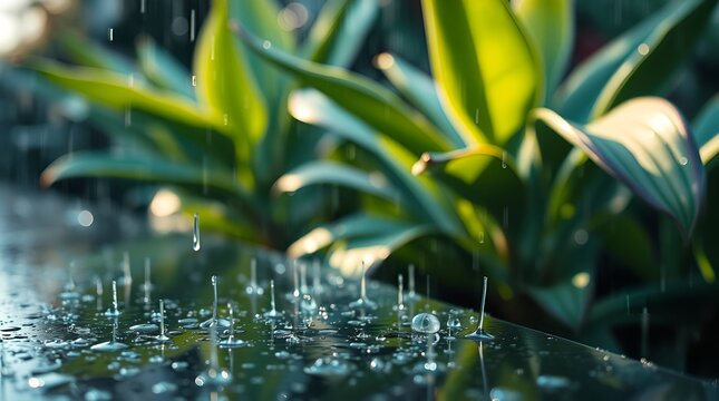 Rain dance: Frozen drops in time against a backdrop of luminous green leaves