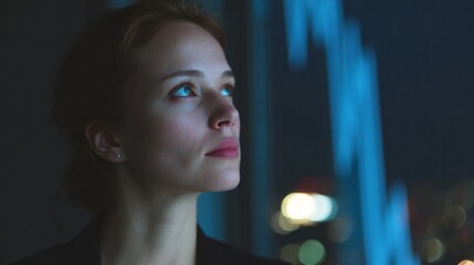 A thoughtful Caucasian woman gazes into a neon-lit cityscape, evoking reflections during Diwali and International Womens Day