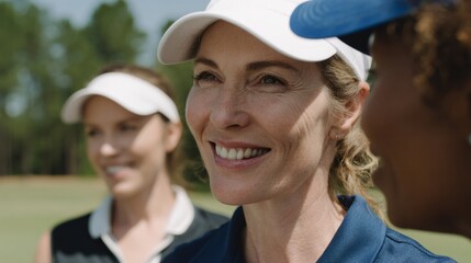 A joyous, sunlit gathering of diverse women celebrating National Golf Lovers' Day and the unexpected zen of camaraderie