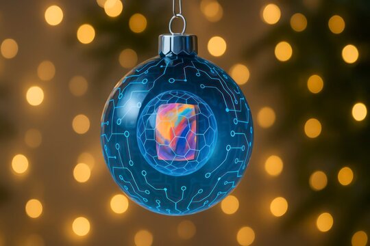 Blue Christmas ornament with digital circuit pattern and colorful NFT icon in center, blurred warm lights background, holiday art auction concept.