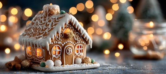 Obraz premium Glazed gingerbread house with holiday lights in background. Christmas decoration. Tradicional homemade sweets. Banner with copy space