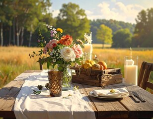 A rustic outdoor table set for a sunny autumn meal. Floral centerpiece, candles, fruit, and cutlery