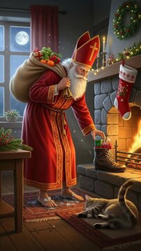 Saint Nicholas Day greeting, a kind figure with gifts, places treats in a shoe by a fireplace, cozy room, festive spirit, winter evening, warm glow, .