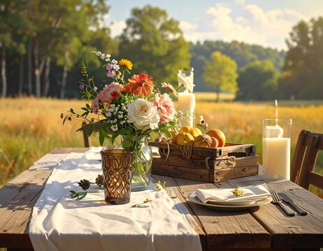 A rustic outdoor table set for a sunny autumn meal. Floral centerpiece, candles, fruit, and cutlery