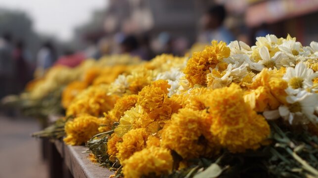 Yellow marigold garlands brighten the bustling Indian market, symbolizing Diwali festivity and the subtle whispers of prosperity