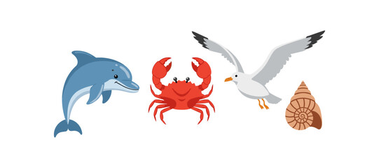 Obraz premium Colorful marine animals and seashells: dolphin, crab, seagull, and nautilus