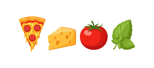 Colorful ingredients for pizza: pepperoni slice, cheese, tomato, basil in flat style