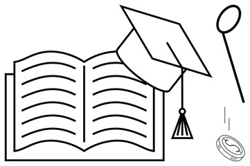 Graduation cap on open book, magnifying glass, falling coin represent learning, achievement, knowledge, education. Ideal for academic success, study, personal growth finance scholarships