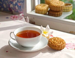 A cup of tea with a mooncake rests on a floral tablecloth, with more mooncakes and a flower near a window