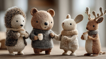 Fototapeta premium Cute forest creatures in knitwear gather indoors with mugs, representing slow living, mindfulness, and cozy holiday vibes