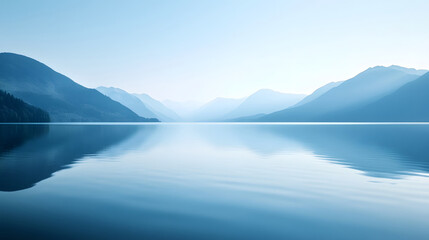 A tranquil lake with smooth water mirroring the majestic mountains under a clear sky, creating a peaceful natural scene.