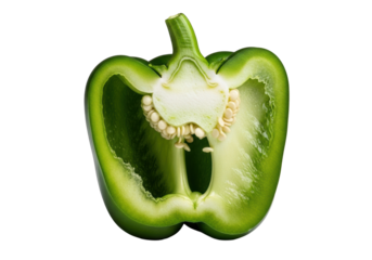 Extreme close-up macro of an emerald green bell pepper, half-sliced, revealing dewy inner flesh, pith, and seeds on a transparent background, concept of natural beauty and scientific precision