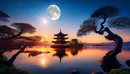 A serene fantastical landscape at dusk featuring ancient twisted trees a grand glowing moon