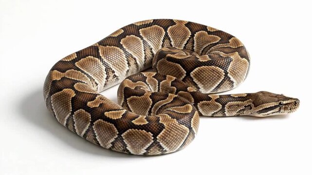 A photorealistic video of a python coiled in a resting pose on a clean white seamless background. Detailed scale texture and natural body curves rendered with realistic lighting and shadows.