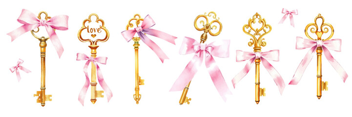 Vector set of pink vintage keys with pink ribbons in watercolor style. Decorative vintage elements for wedding, birthday.