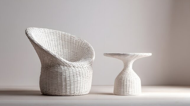 White woven furniture set features an armchair and a pedestal side table indoors