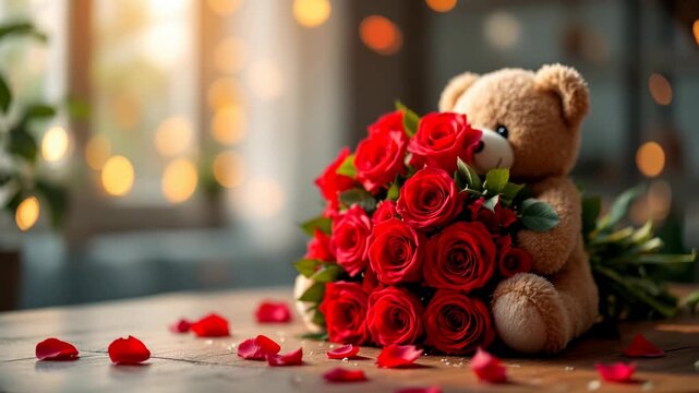 A cute teddy bear holding a bouquet of red roses. Romantic gift for Valentine's Day or an anniversary. Love and affection concept with a warm bokeh background