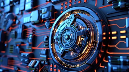 A close-up view of a futuristic circuit board with glowing blue and orange elements. The design features intricate patterns and a central circular component.