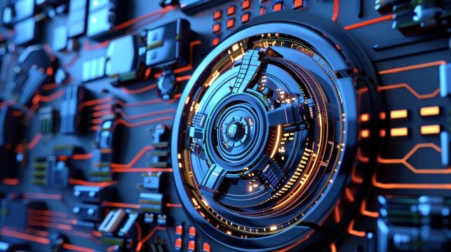 A close-up view of a futuristic circuit board with glowing blue and orange elements. The design features intricate patterns and a central circular component.
