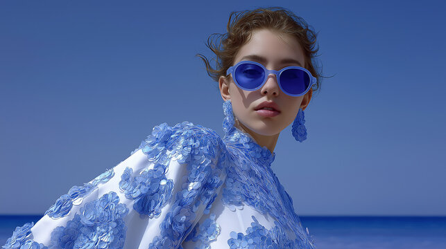 A fashion model wearing a blue textured dress and matching sunglasses against a clear sky. High fashion editorial with monochrome styling and modern aesthetic.