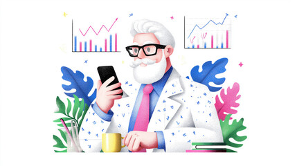 Stylish businessman with white hair and beard analyzing data on smartphone. Modern colorful illustration of success, growth and digital business