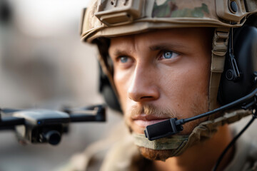 Fototapeta premium A man in a military uniform is wearing a helmet and holding a remote control