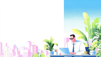 Businessman working on laptop in bright modern office with plants and city skyline. Minimalist graphic illustration with white copy space for corporate design