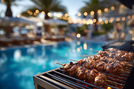 A grill with skewers of meat on it, with a pool in the background
