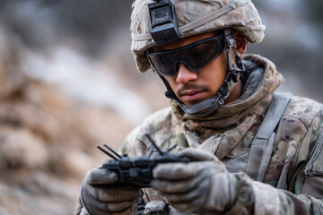 Fototapeta premium A soldier is holding a remote control and looking at a drone