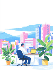 businessman working on laptop with colorful cityscape and plants. Modern minimalist illustration