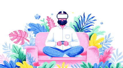 Man using VR headset while sitting on pink sofa surrounded by colorful tropical plants. Modern digital lifestyle illustration with vibrant design