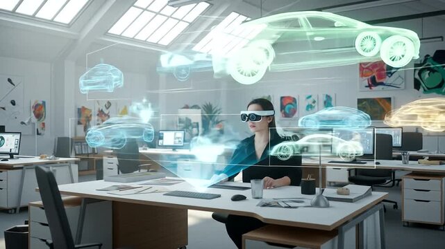 A designer using augmented reality glasses to visualize car models in a modern office space - Powered by Adobe