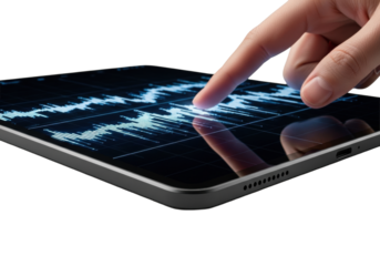Macro close-up of a matte black digital tablet, ultra-glossy screen displaying high-resolution data visualization, single human fingertip poised to touch, soft shadow, transparent studio background.