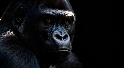 Beautiful Portrait of a Gorilla. Male gorilla on black background, severe silverback, anthropoid ape.	
