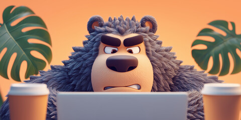 Angry bear working on laptop with coffee cups on desk. 3D cartoon illustration representing stress, frustration and digital overload