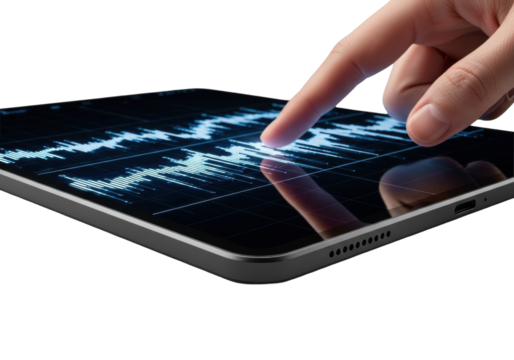 Macro close-up of a matte black digital tablet, ultra-glossy screen displaying high-resolution data visualization, single human fingertip poised to touch, soft shadow, transparent studio background.