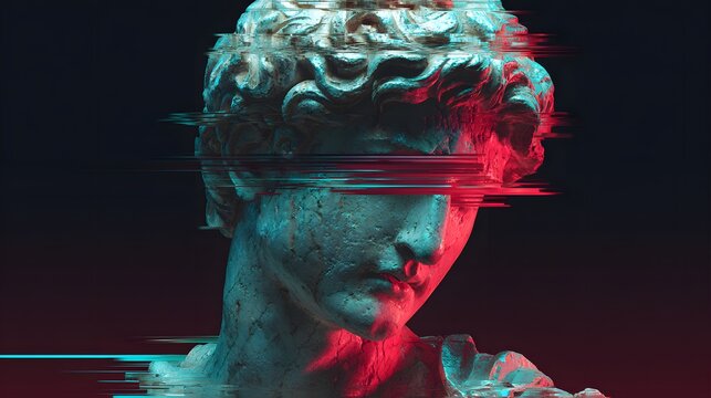 Classical stone sculpture portrait exhibits dramatic digital glitch distortion under neon illumination