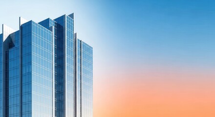 Fototapeta premium Modern glass skyscraper against a vivid twilight sky providing a dramatic backdrop