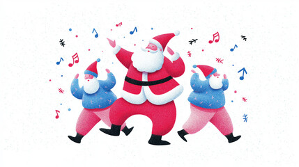 Santa Claus dancing with elves to Christmas music. Colorful modern illustration symbolizing joy, fun and festive teamwork