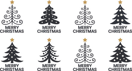 Collection of Merry Christmas Tree Icons and Typography Logos Set with Decorative Star Toppers for Holiday Greeting Cards, Seasonal Vector Graphic Design