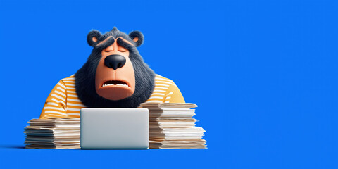 Tired bear working late at laptop with paperwork on blue background. 3D illustration symbolizing stress, burnout and overwork in modern office life