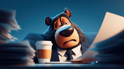Exhausted bear in business suit drinking coffee at work. 3D illustration symbolizing fatigue, stress and burnout in modern office life