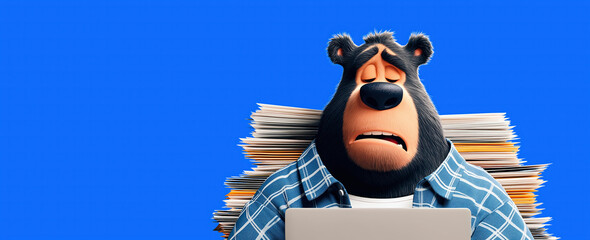 Exhausted bear overwhelmed with paperwork and stress. 3D cartoon illustration on blue background representing work overload and office burnout