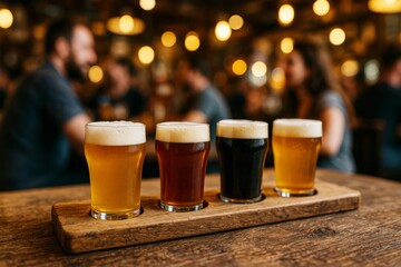 Beer flight with four different craft beers on a wooden tray